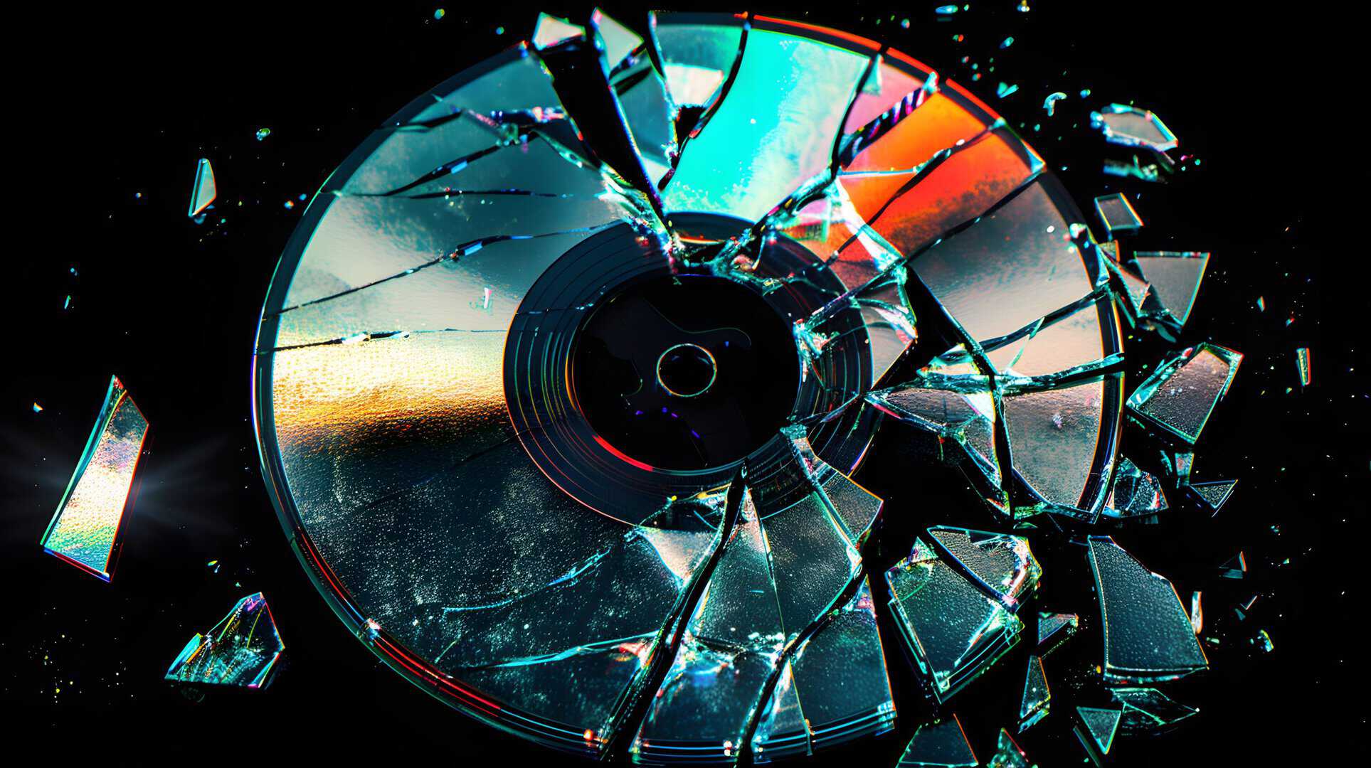 Shattered cd isolated on black background
